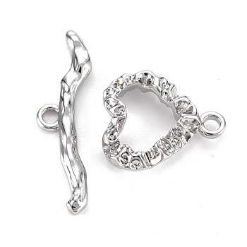 Brass Toggle Clasps, Nickel Free, Heart, Real Platinum Plated, Heart: 16x14x4mm, Hole: 1.8mm, Bar: 26.5x7x2mm, hole: 1.8mm