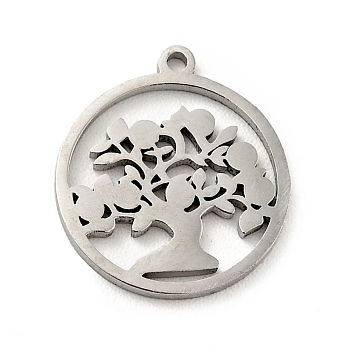 304 Stainless Steel Pendants, Flat Round with Tree of Life, Stainless Steel Color, 13x12x0.8mm, Hole: 1mm