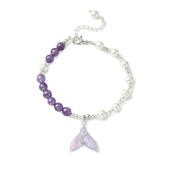 Cellulose Acetate(Resin) Whale Tail Charm Bracelet, Natural Amethyst & Shell Pearl Beaded Bracelet, 7-1/2 inch(19.2cm)