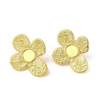 Ion Plating(IP) 304 Stainless Steel Stud Earrings Findings, Cabochon Settings, Flower, Real 18K Gold Plated, 33x26.5mm, Tray: 8mm, Pin: 0.8mm
