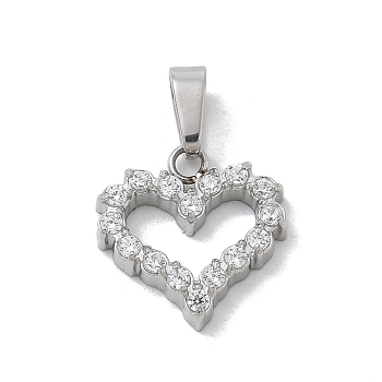 Ion Plating(IP) 304 Stainless Steel Micro Pave Cubic Zirconia Pendants, Heart Charms, Stainless Steel Color, 11.5x11x2.5mm, Hole: 4x2.5mm