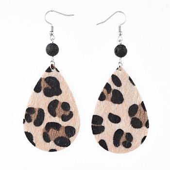 Imitation Leather Dangle Earrings, with Faux Fur, Natural Lava Rock Beads and 304 Stainless Steel Earring Hooks, Teardrop, Coffee, 90mm, Pin: 0.7mm