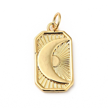 Rack Plating Brass Pendants, Cadmium Free & Nickel Free & Lead Free, Rectangle with Moon, Real 18K Gold Plated, 18.5x10x1.5mm, Jump Ring: 5x0.7mm, 3.6mm Inner Diameter
