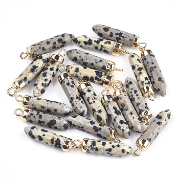 Electroplate Natural Dalmatian Jasper Pointed Pendants, with Iron Findings, Bullet, Golden, 24~25x5.5~6x5.5~6mm, Hole: 1.6mm