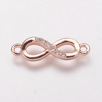 Brass Cubic Zirconia Links, Infinity, Clear, Rose Gold, 5x17.5x2mm, Hole: 1mm