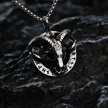 Vintage 304 Stainless Steel Viking Skull Goat Head Pendant Necklaces for Men, Antique Silver, 23.62 inch(60cm)