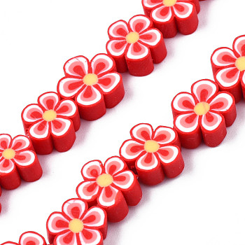 Handmade Polymer Clay Bead Strands, Flower, Red, 7.5~10x7~11x3.5~5mm, Hole: 1.6mm, about 38~40pcs/strand, 13.58 inch~14.57 inch(34.5~37cm)