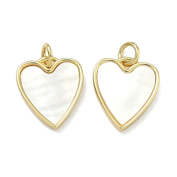 Natural Shell Pendants Brass Heart Charms, Cadmium Free & Lead Free, Rack Plating, Long-Lasting Plated, Seashell Color, Real 18K Gold Plated, 15.5x13.5x2.5mm, Jump Ring: 5x0.8mm, Inner Diameter: 3.4mm