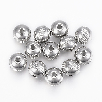 304 Stainless Steel Beads, Round with Twill, Stainless Steel Color, 8x7mm, Hole: 2mm