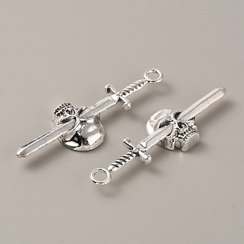 Gothic Tibetan Style Alloy Pendants, Antique Silver, Sword with Skull, Sword Pattern, 55.5x17x5.5mm, Hole: 3mm