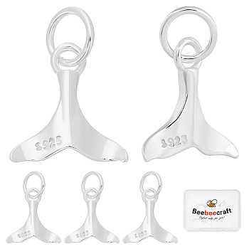 5Pcs 925 Sterling Silver Pendants, Whale Tail Shape, with 925 Stamp, with Jump Rings, Silver, 12.5x11.5x2mm, Hole: 4mm