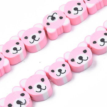 Handmade Polymer Clay Bead Strands, Bear Head, Pearl Pink, 7.5~10x9~11x4mm, Hole: 1.6mm, about 37~40pcs/strand, 13.58 inch~15.35 inch(34.5~39cm)