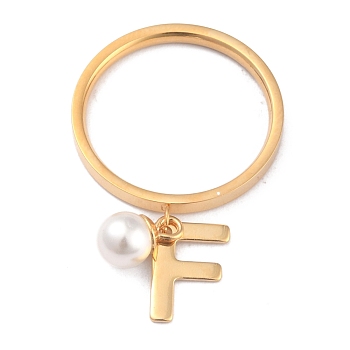 Dual-use Items, 304 Stainless Steel Finger Rings or Pendants, with Plastic Round Beads, Golden, White, Letter.F, US Size 5~9(15.7~18.9mm)