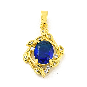 Brass Micro Pave Blue Cubic Zirconia Pendants, Real 18K Gold Plated, Leaf, 22x15x5mm, Hole: 4.5x3.5mm