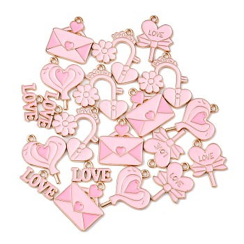 20Pcs 5 Styles Valentine's Day Theme Alloy Enamel Pendants, Lead Free & Cadmium Free, Golden, Heart & Word Love & Heart Lock & Envelope, Pink, 9.5~27x17~25x1~1.2mm, Hole: 1.8mm, 4pcs/style