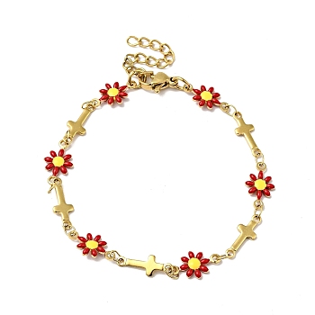 Enamel Flower & Cross Link Chain Bracelet, Gold Plated 304 Stainless Steel Jewelry for Women, Red, 6-5/8 inch(16.9cm)