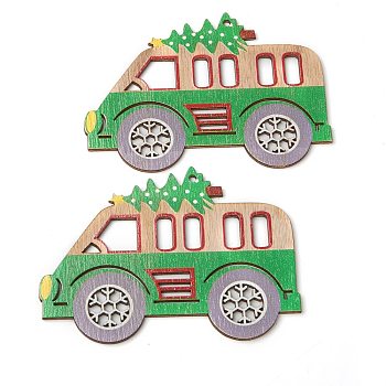 Christmas Theme Natural Wood Big Pendants, Car, Green, 82x114x2mm, Hole: 4mm