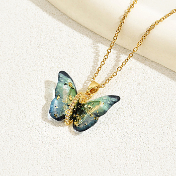 Plastic Butterfly Pendant Necklace with Golden Stainless Steel Chains, Teal, 13.78 inch(35cm)