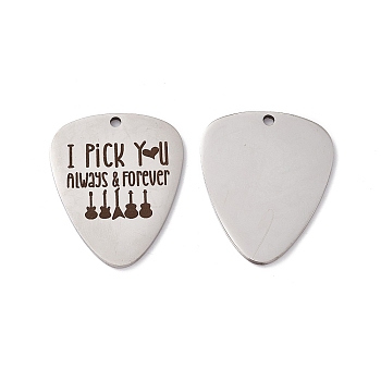 201 Stainless Steel Pendants, Guitar Pick Charm, Laser Cut, with Word I'd Pick You Always & Forever, Stainless Steel Color, 38x25x1.5mm, Hole: 2.2mm