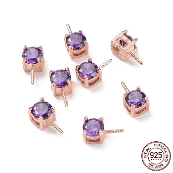 925 Sterling Silver Peg Bails, with Cubic Zirconia, Square, Rose Gold, Medium Purple, 9x4x4.5mm, Hole: 2.5x1.5mm, Pin: 0.6mm