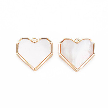 Shell Charms, Nickel Free, Heart, Real 18K Gold Plated, 13.5x14x2mm, Hole: 1mm
