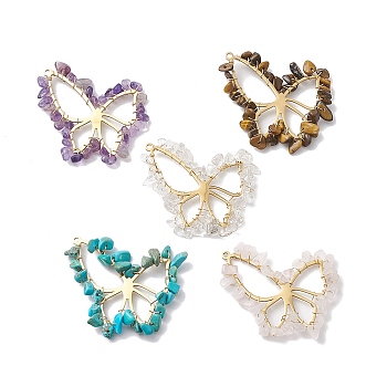 Natural Mixed Stone Chip Beaded Wrapped Pendants, 304 Stainless Steel Butterfly Charms, Mixed Dyed and Undyed, Golden, 42~43x35~36x3~3.5mm, Hole: 1.6mm