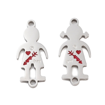 Valentine's Day 304 Stainless Steel FireBrick Enamel Boy Girl Connector Charms, Human Links Set, Stainless Steel Color, 21.5x9.5x1mm, Hole: 1.6mm, 2pcs/set