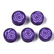 Handmade Polymer Clay Beads, for DIY Jewelry Crafts Supplies, Flat Round with Flower, Indigo, 9.5x3.5~5mm, Hole: 1.8mm(CLAY-N008-022A)