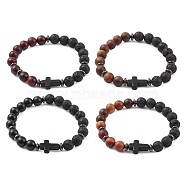 Natural & Synthetic Mixed Gemstone & Wood Cross Beaded Stretch Bracelet, Mixed Color, Inner Diameter: 2-1/4 inch(5.8cm)(BJEW-JB09623)