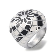 304 Stainless Steel Enamel Wide Band Rings for Women, Flower Pattern, Stainless Steel Color, US Size 7(17.3mm)(RJEW-P095-04P)