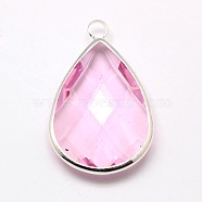 Silver Color Plated Brass Glass Teardrop Pendants, Faceted, Pearl Pink, 18x10x5mm, Hole: 2mm(GLAA-M006-A-15S)