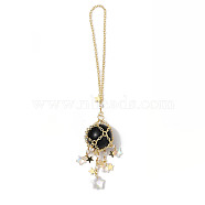 Natural Obsidian with Rack Plating Brass Pendants Decorations, Plastic Imitation Pearl and Glass Beads, Cadmium Free & Lead Free, Round, 7-5/8 inch(19.5cm)(AJEW-B023-01G-01)