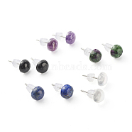 Half Round Natural Mixed Gemstone Stud Earrings for Girl Women, 304 Stainless Steel Earrings, Stainless Steel Color, 8mm, Pin: 0.6mm(EJEW-JE04664)