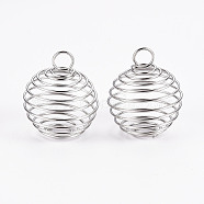Iron Wire Pendants, Spiral Bead Cage Pendants, Round, Platinum, 15~16x14mm, Hole: 4~5mm(X1-IFIN-R231-14mm-P)