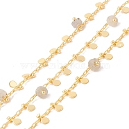 Natural White Labradorite Column Beaded Chains, with Brass Paperclip Chains and Flat Round Charm, Soldered, with Spool, Lead Free & Cadmium Free, Golden, 2x1x0.5mm, 5.5x3x1mm(CHC-K012-01G-09)