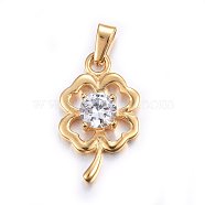 304 Stainless Steel Pendants, with Cubic Zirconia, Clover, Clear, Golden, 22x13x4mm, Hole: 5x2.5mm(STAS-P216-51G)