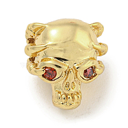 Brass Micro Pave Red Cubic Zirconia Beads, Skull, Real 18K Gold Plated, 11.5x10x9mm, Hole: 2.6mm(ZIRC-P119-06G)