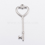 304 Stainless Steel Big Pendants, Key with Heart, Stainless Steel Color, 50x18x2mm, Hole: 2.5mm(STAS-G172-92P)