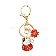 Chinese Style Alloy Enamel Keychains, with Iron Lobster Clasp and Rings, Cat with Flower, Red, 9.15cm(KEYC-WH0027-42A)