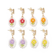 304 Stainless Steel Stud Earrings, Oval with Flower Sead Glass Beaded Dangle Earrings for Women, Mixed Color, 39mm, Pin: 0.7mm, (EJEW-JE05102)