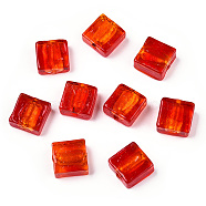 Handmade Silver Foil Lampwork Beads, Square, Red, 12x12x6mm(FOIL-S006-12x12mm-01)