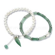 2Pcs 2 Style Natural Green Aventurine Bamboo & Shell Pearl Beaded Stretch Bracelets Set, Acrylic Leaf Charm Stackable Bracelets, 9 inch(22.7cm), Inner Diameter: 2-1/8 inch(5.3cm), 1Pc/style(BJEW-TA00309)
