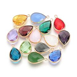 Glass Pendants, with Brass Findings, Faceted, Drop, Light Gold, Mixed Color, 14x7.5x4mm, Hole: 1.8~2.3mm(GLAA-S110-A-M)
