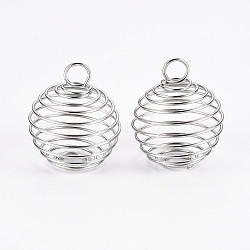 Iron Wire Pendants, Spiral Bead Cage Pendants, Round, Platinum, 15~16x14mm, Hole: 4~5mm(X1-IFIN-R231-14mm-P)