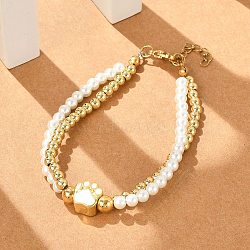 Brass Multi-strand Bracelets, Enamel Charms Bracelets for Women, Paw Print, Ion Plating(IP), Real 18K Gold Plated, with Plastic Pearl & 304 Stainless Steel Lobster Clasp, White, 7-1/4 inch(18.3cm)(BJEW-M056-09G-05)