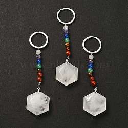 Natural Quartz Crystal Hexagon Pendant Keychain, with 7 Chakra Gemstone Beads and Platinum Tone Brass Findings, 11.4cm(G-Z033-02B-P)