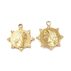 Ion Plating(IP) 304 Stainless Steel Pendants, Sun with Human Head Charm, Golden, 23x20x2.5mm, Hole: 2mm(STAS-P324-30G)