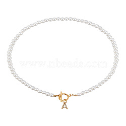1Pc Brass Clear Cubic Zirconia Letter Pendant Necklaces, White Imitation Pearl Beaded Necklaces, with Stainless Steel Toggle Clasps, Lead Free & Nickel Free & Cadmium Free, Golden, Letter A, 17.72~18.23 inch(45~46.3cm)(NJEW-LP0001-32A)