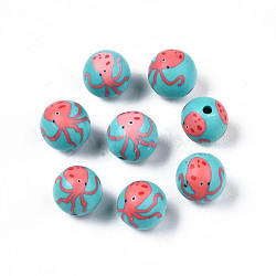 Handmade Polymer Clay Beads, Round with Octopus, Dark Turquoise, 9.5~10.5x9.5mm, Hole: 1.4mm(X-CLAY-S092-68)