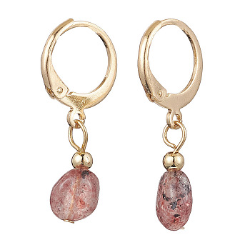 Natural Strawberry Quartz Beads Hoop Earrings for Women, Golden, 28x4~5.5mm